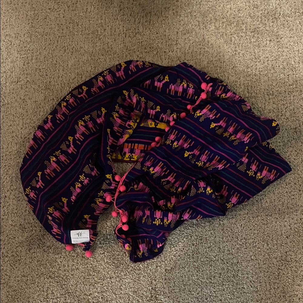 Colorful Print Scarf with Pom Poms